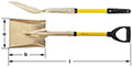 Horizontal image of a yellow-handled, short black D-grip handled shovel with a square point blade from two different angles. The first angle is a side view, and the second one is a top view.  AMPCO is written on the yellow handle, just above the blade nec